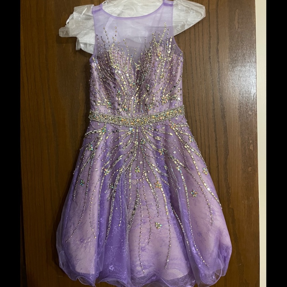 Short, studded, embellished, lavender purple dress with mesh neck line.